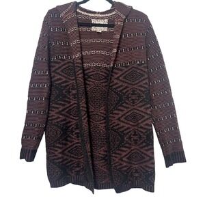 Element Eden‎ vtg y2k Hooded Cardigan Sweater Geometric Pattern Burgundy Black